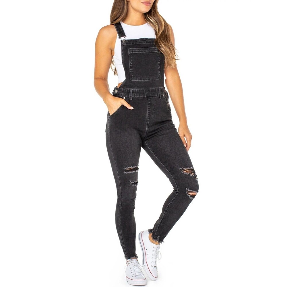 Celebrity Pink Black Distressed Denim Skinny Overalls Frayed Hem Size Small